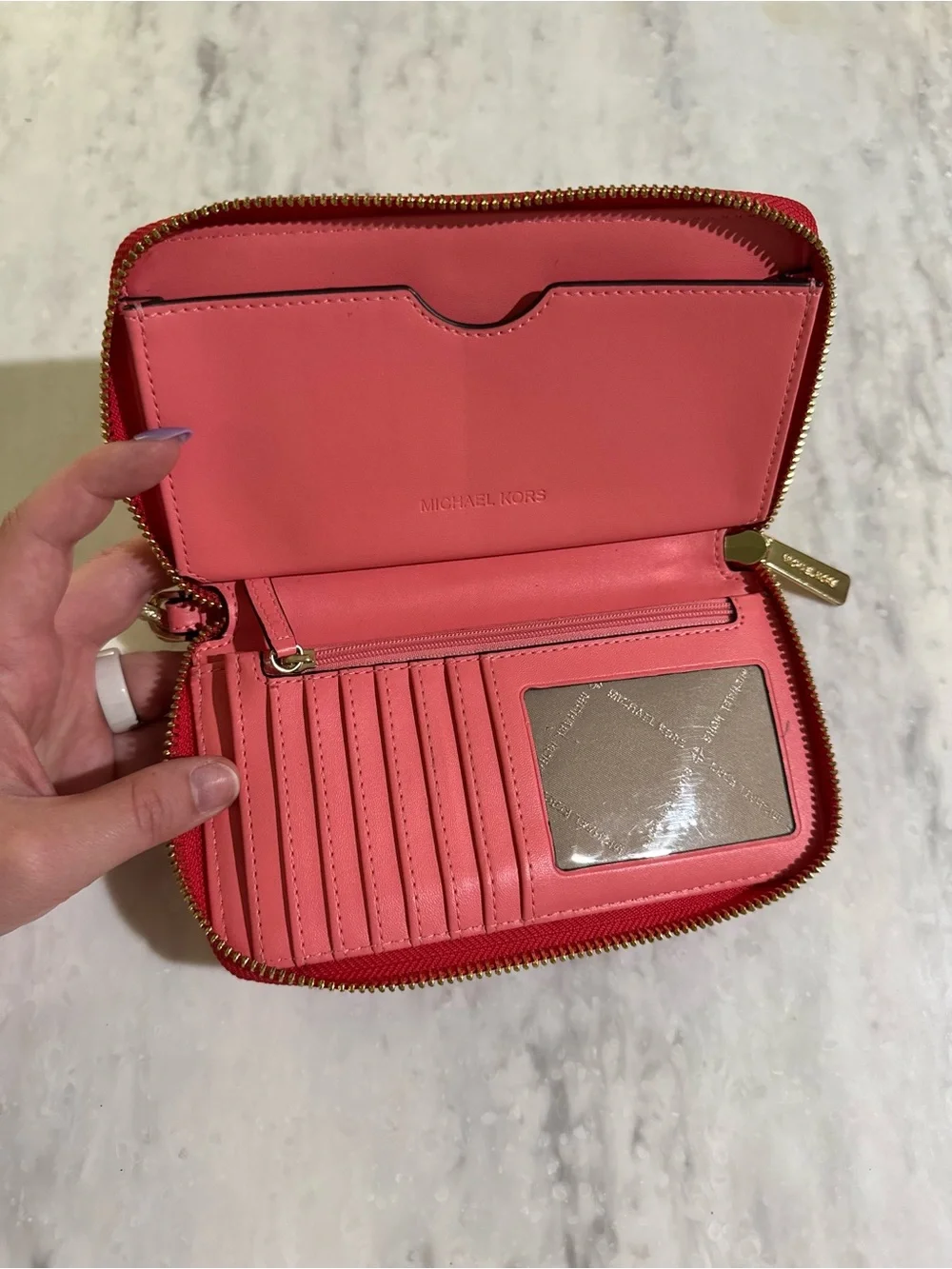 Michael Kors Coral Signature Zip Wristlet Wallet with Gold Hardware w Pockets
